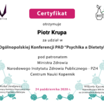 Certyfikat Piotra Krupy za udział w IV Ogólnopolskiej Konferencji PAD Psychika a Dietetyka, 24 października 2020